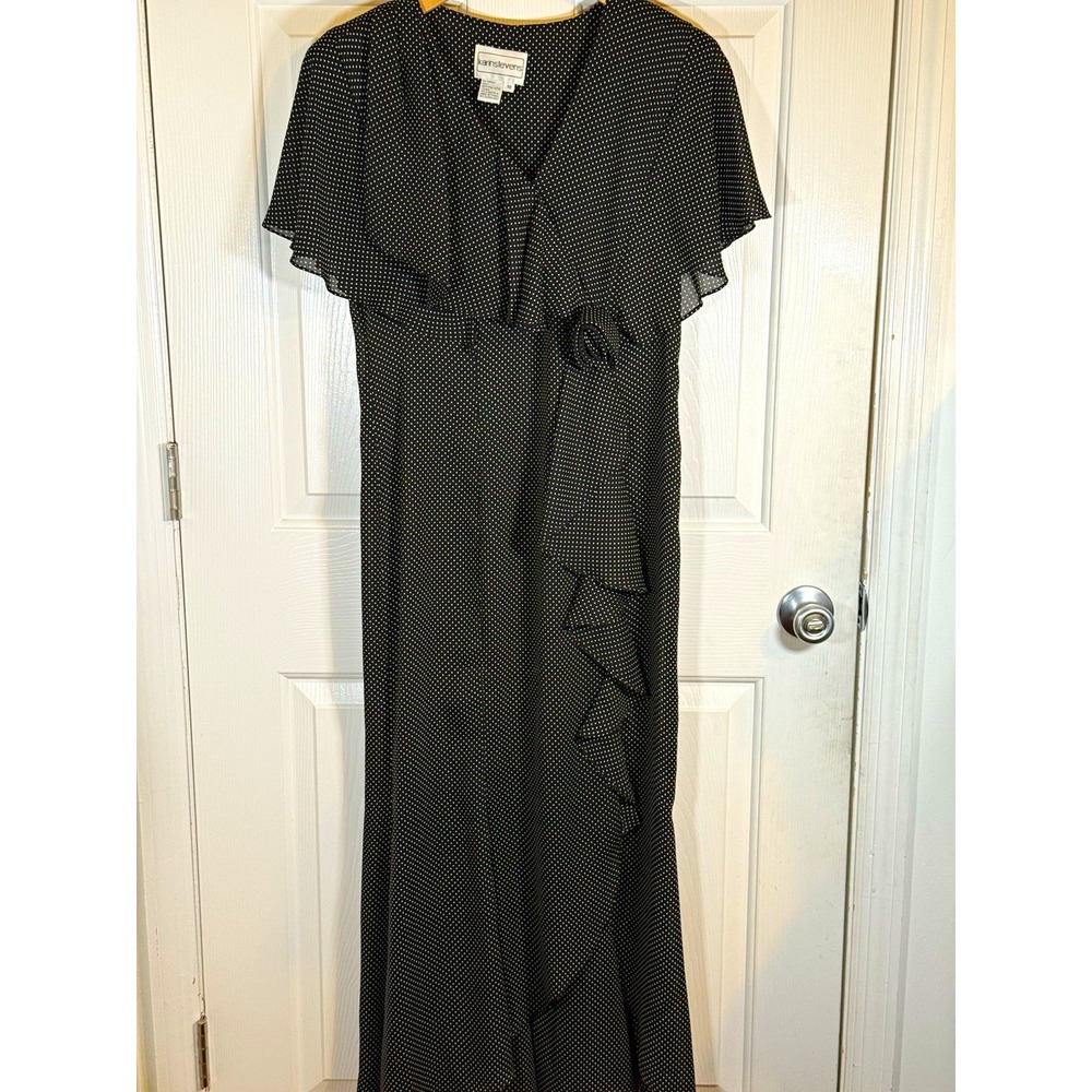 Vtg Karin Steven Black White Polka Dot Chiffon Maxi Dress Size 10 Ruffle sheer